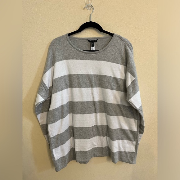 Eileen Fisher Grey and White Striped Organic Cotton Crewneck Sweater XL - Picture 3 of 8